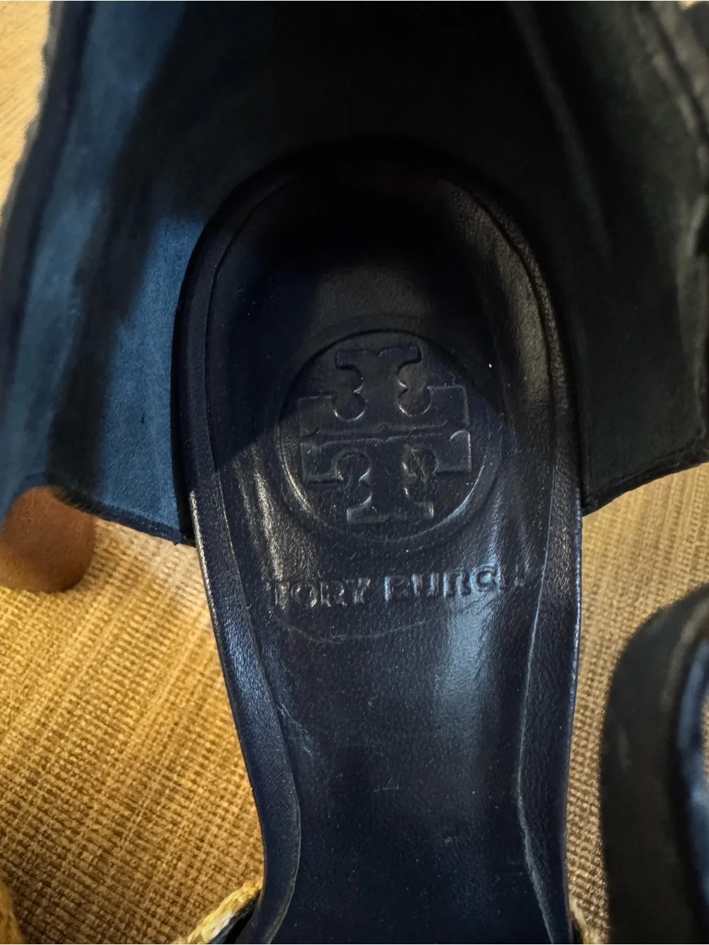 Tory Burch Navy Patent Leather Raffia T Strap Heels